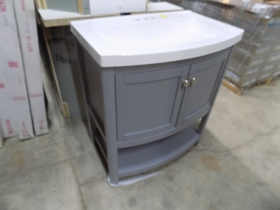 New 30'' Vanity, Grey, Rounded Front, White Top With Molded In Sink, Chrome