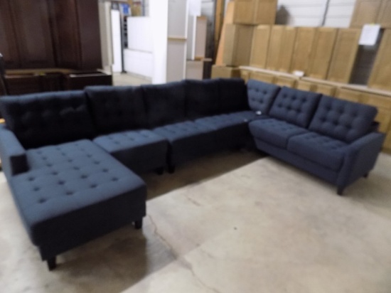 Dark Blue Ashley Sectional Couch Set. L Shaped With Lounger on One End (B1)