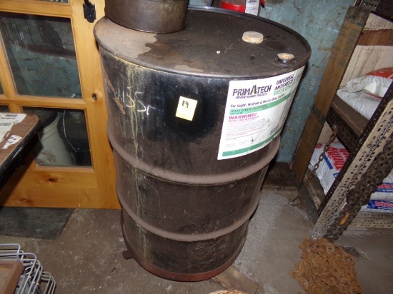55 Gallon Used Oil Drum With Funnel and Cart, Mostly Empty