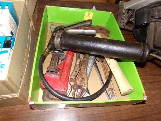 Box With Grease Gun, Wrenches, Hammer, Etc.
