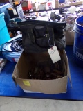 Box w/ Misc. Rusty Drills, Wrench, Caulk Line, Tool Bag, Etc.
