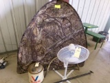 Ice Fishing Tent, Valvoline Can, Saw and Floor Fan (2840)