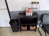 Black 3 Tier Wooden Shelf with Wire Rack and (2) Wicker Baskets and a Plast
