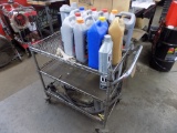 3 Tier Wire Cart with Contents Including Many Partial Jugs of Automotive Fl