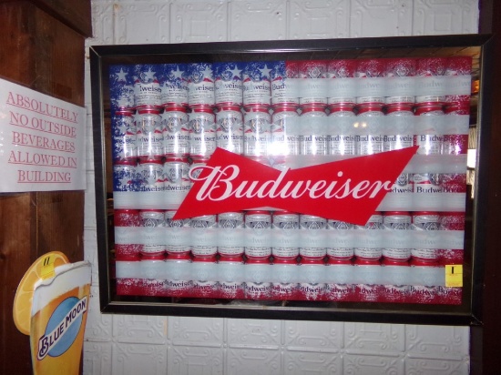 Budweiser Cans, Framed Glass Front American Flag Decoration