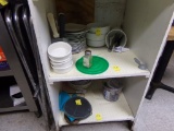 Contents of Bottom (2) Shelves of White Wooden Cabinet Plates, Bowls, Utens
