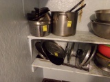 Group of Stock Pot, Pans, Lids, and Lid Rack (Storage Room)