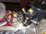 (2) Drink Shakers and 3 Way Condiment/Sauce Serving Dish and a Glass Budwei