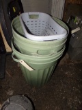 (2) Green Garbage Cans and a Laundry Basket (Garage)