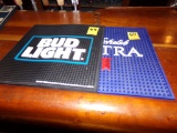 (2) Large Square Bar Mats Bud Light, And Mich Lite, and a Stack of Coasters
