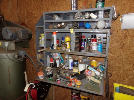 Gray Metal Shelving Unit on Wall by Air Compressor with Contents: Fluids, T