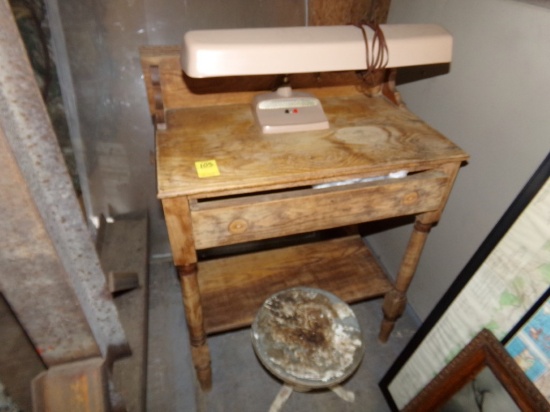 Small Antique Wooden Desk with Desk Lamp and Small White Stool (Garage)