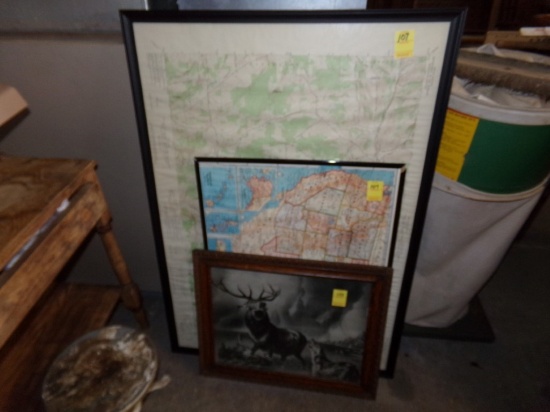 (2) Maps and a Buck Versus Wolves Painting (Garage)