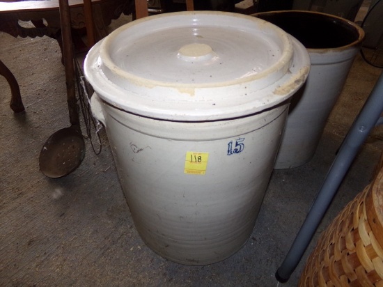 15 Qt. Ceramic Crock with a Lid, 1 VERY SMALL CRACK NEAR HANDLE (Garage)