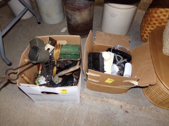 Box of Misc. Antiques and Box of Old House Phones (Garage)