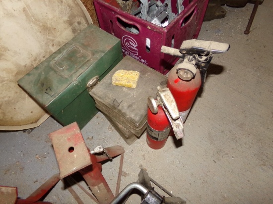 (2) Fire Extinguishers, Empty Green Tool Box and (2) Glass Insulated Panels