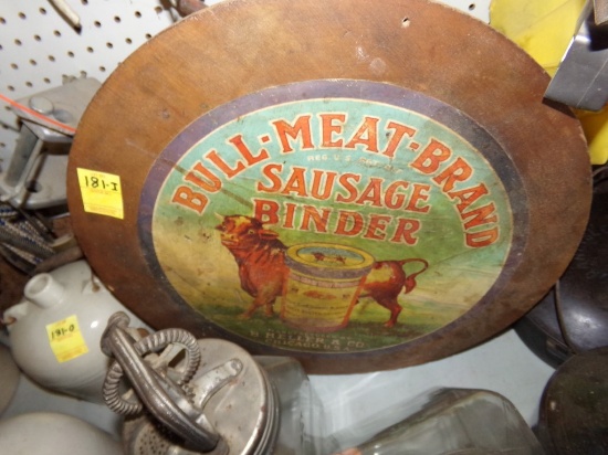 Blue Meat Brand Sausage Binder Round Wooden Sign.  (Garage)