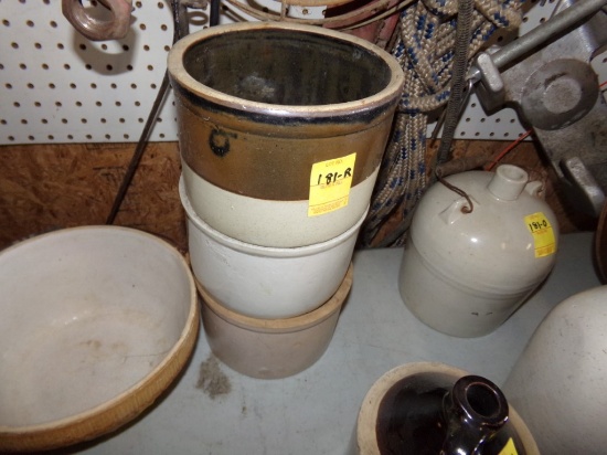 (3) Small Stoneware Crocks, (1) Tan, (1) White, (1) Brown Top,  (Garage)