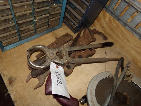 Group of Farm Tools, Saw, Fencer, Old Pipe Wrench and a Castration Tool (In
