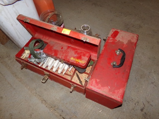 (2) Large Red Tool Boxes and a Blue Tackle Box with Some Tackle