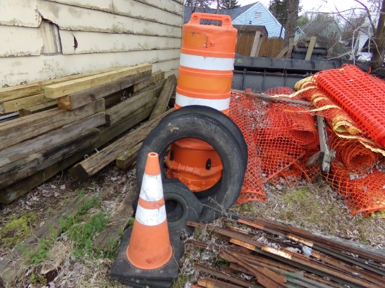 Group Including Traffic Cones and Barrels Around Yard (About 12 Pcs Total)