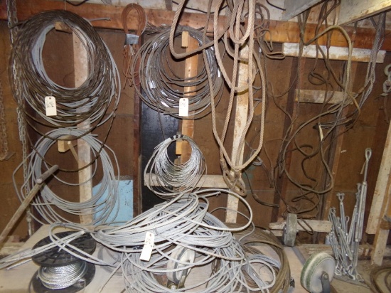 Large group of Cable Slings, Cables, Chains, Turn Buckles On Top Of Carts &