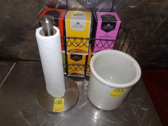 Rack w/Flavored Teas,Small Ceramic Crock And Stainless Paper Towel Holder (