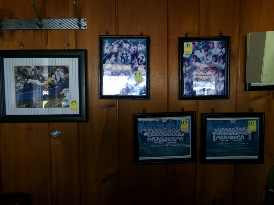 (5) Framed Yankees Pictures- (1) Action Shot, (1)1999 World Series Champs,