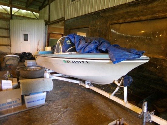 Sears Fiberglass Closed Bow 14' Boat with 45 HP Chrysler Outboard Motor, Co