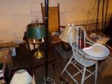 Group of Asst Furniture-Floor and Table Lamp, Antique Hi-Chair, Wicker Rock