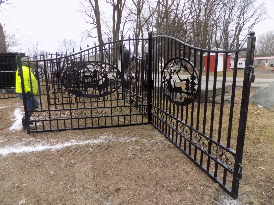 New 20' Bi-Parting Wrought Iron Gate, 2 Pieces w/Elk/Deer Cut Out In Center