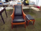 Cherry and Black Leather High Back Wing Arm Chair with Foot Rest