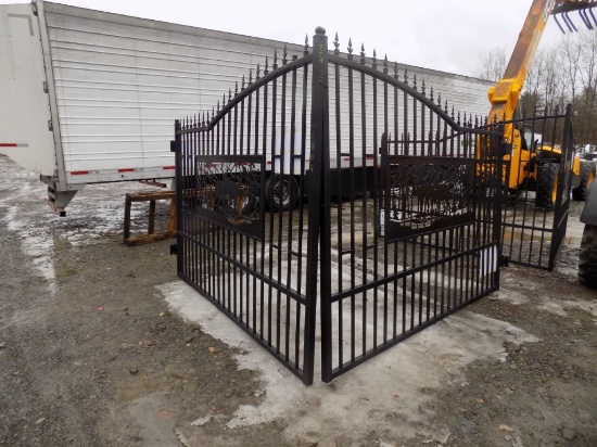 New 20' Bi-Parting Wrought Iron Gate, 7' Tall, Deer in the Woods Center Cut
