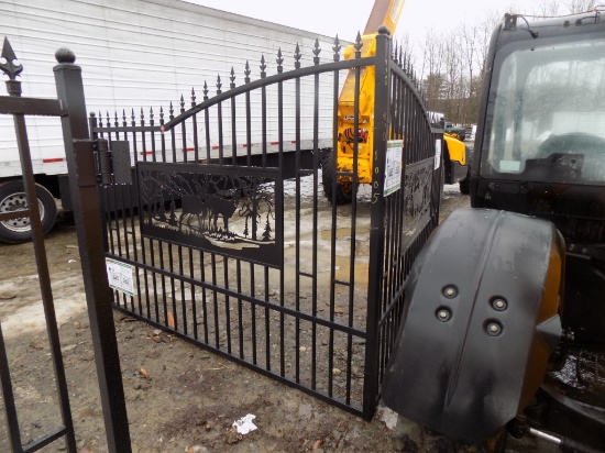 New 20' Bi-Parting Wrought Iron Gate, 7' Tall, Deer in the Woods Center Cut