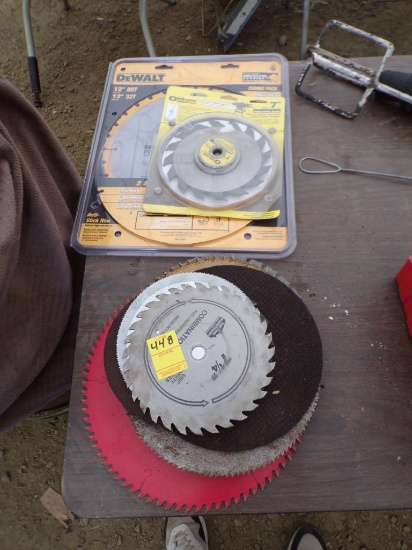 Group of New and Used Assorted Size Table Saw Blades and Cut Off Wheels