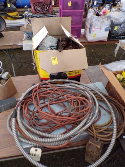 Electrical Breaker Box, Ext. Cords and Box of Random Wire