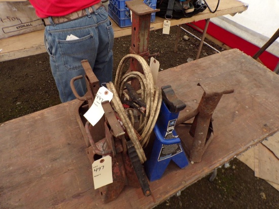 (5) Assort. Jack Stands and a Set of Jumper Cables