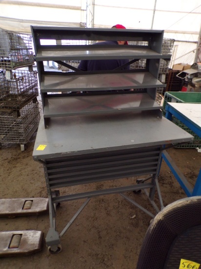 Akro Mils Steel 36''x24'' Mobile Bin Work Cart w/33'' 3-Shelf Bench Bin Rac