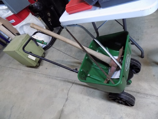 Scotts Walk Behind Spreader/Seeder with a Pick Axe and Hand Saw
