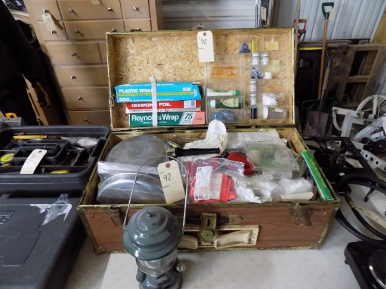Wooden Trunk with Camping Items and a Coleman Fuel Lantern