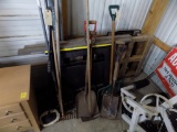 Pair of Plastic Saw Horses and Group of Garden Tools - Rakes and Shovels
