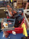 Milk Crate with Misc Power Tools - Ridgid Orbital Sander, Ryobi 18V Jigsaw