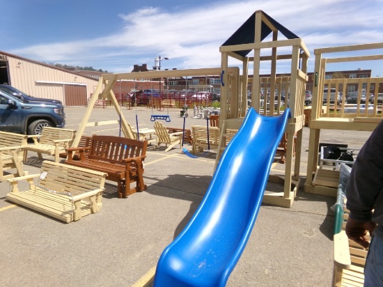 Amish Made Unfinished Swing Set with Canopy, Blue Slide, (2) Swings and a T