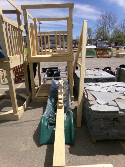 Amish Made Unfinished Swing Set wih Canopy, Green Slide, (2) Swings and Tra