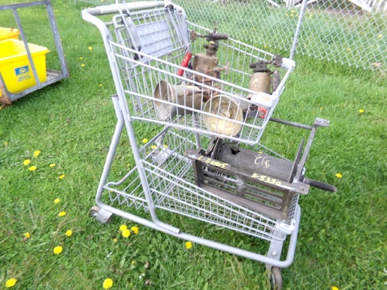 Cart of Antique Alcohol Torches, Brass and a Garden Hose Reel (5350)