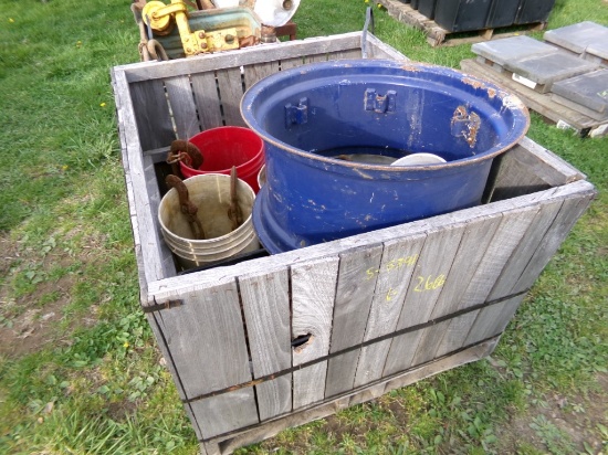 Crate of Several Buckets of Chains and a Rim (5391)