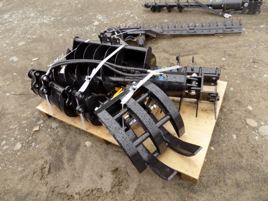 Mini Excavator Attachment Set: Grapple, Buckets, Rake, Ripper, Hyd Auger an