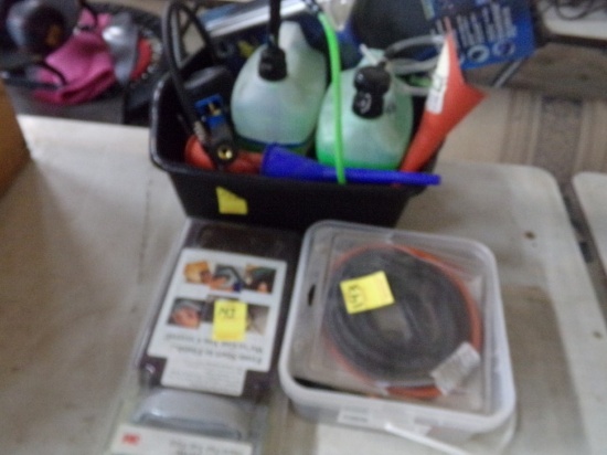 Tote with Tire Slime, (3) Funnels, Air Gauge, Squegee, Heating Cord and Sco