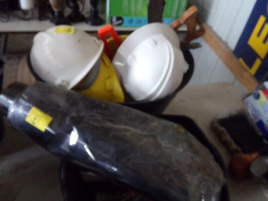 Tote with Hard Hats, (2) Measuring Tapes, Wood Saw, Hacksaw, Tinting Film a