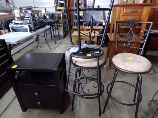 22'' x 17'' Black Side Table with 2 Drawers and (3) Swivel Counter/Bar Stoo